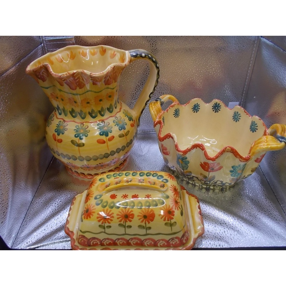 Italica Ars Italy Hand Painted Ceramic Pitcher Bowl and Butter Dish Set Yellow